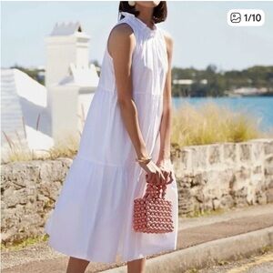 LAKE Poplin Ruffle Neck Dress in White Sleeveless Tiered Cotton Dress Sz L